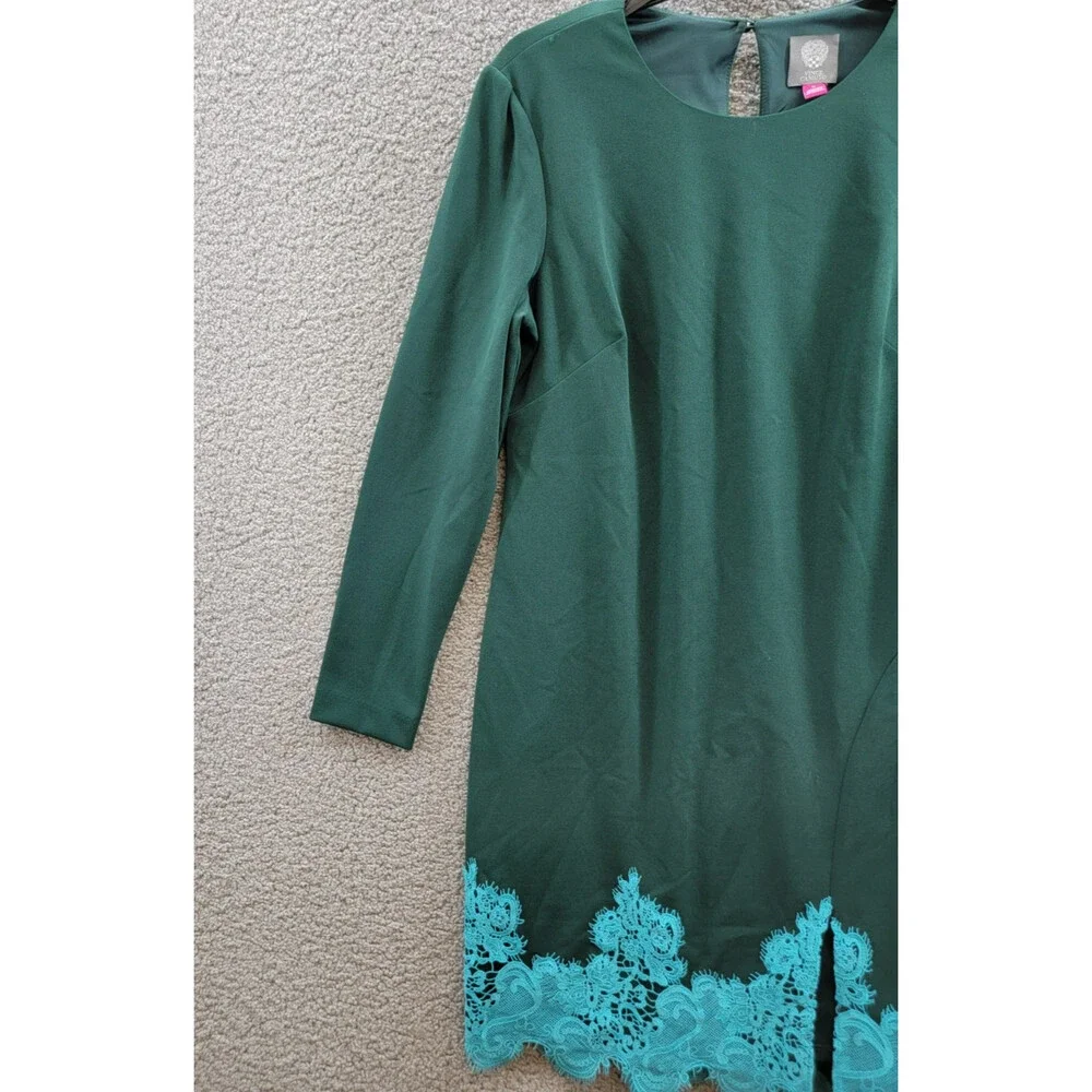 Vince Camuto Lace-Hem Bodycon Dress Women's 12 Hunter Crewneck Button Back Zip